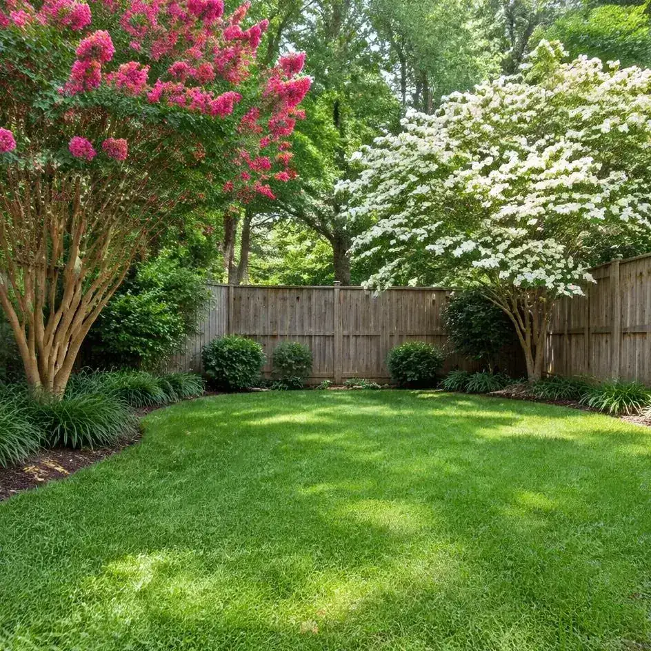 Striped green lawn and neatly edged walkway