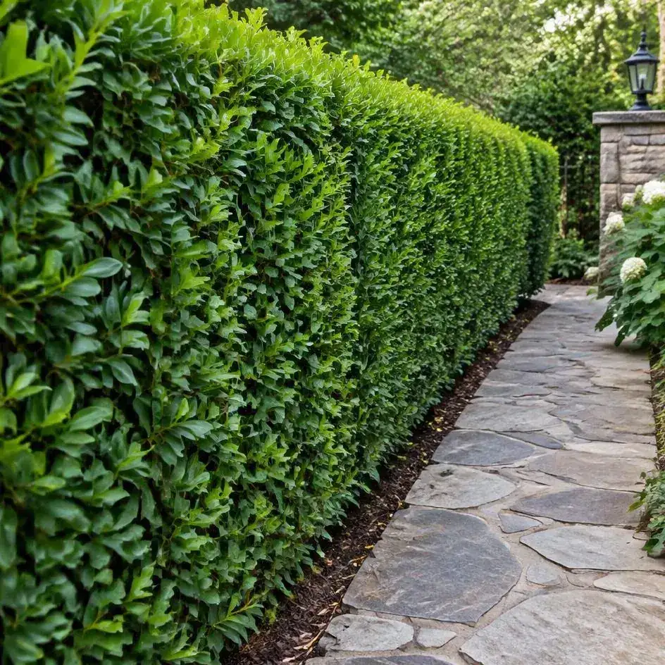 Neatly shaped hedges alongside a home