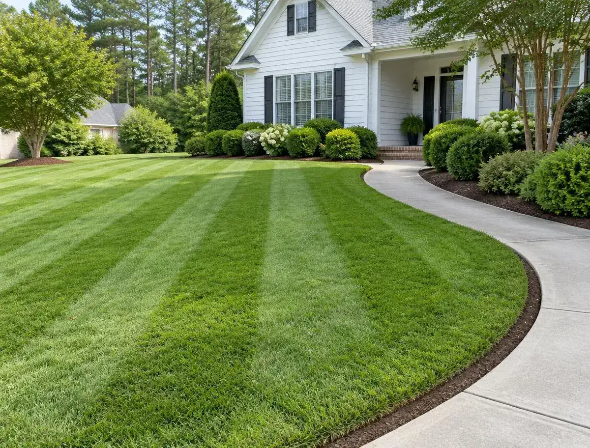 Freshly mowed lawn with neatly edged walkway
