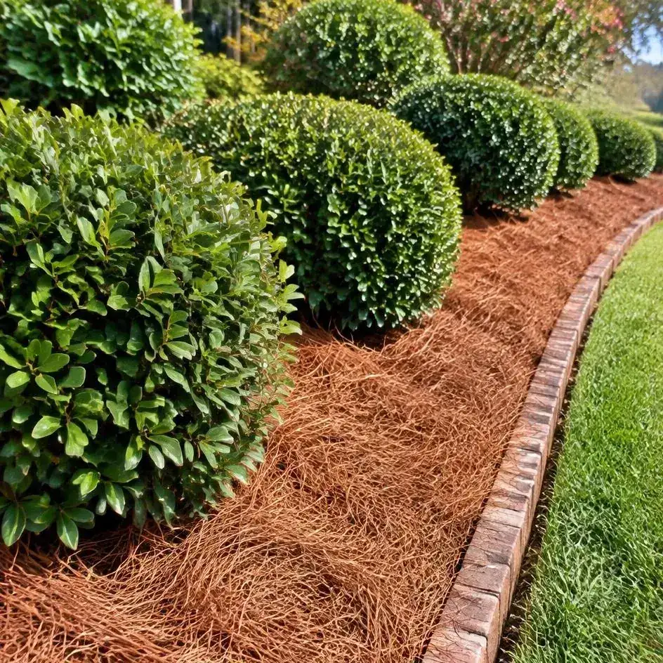 Fresh pine straw beneath lush trimmed shrubs